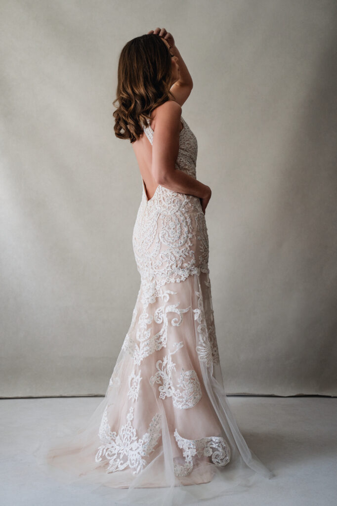 Artistic bridal portrait with open-back lace gown, photographed by Breanne Cook, Breanne Fine Portraiture Birmingham AL.