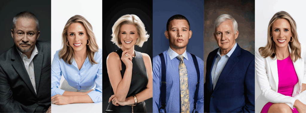 Professional men and women wearing polished, stylish outfits for headshots including suits, blazers, dresses, and bold colors — studio portraits by Breanne Fine Portraiture in Birmingham, Alabama
