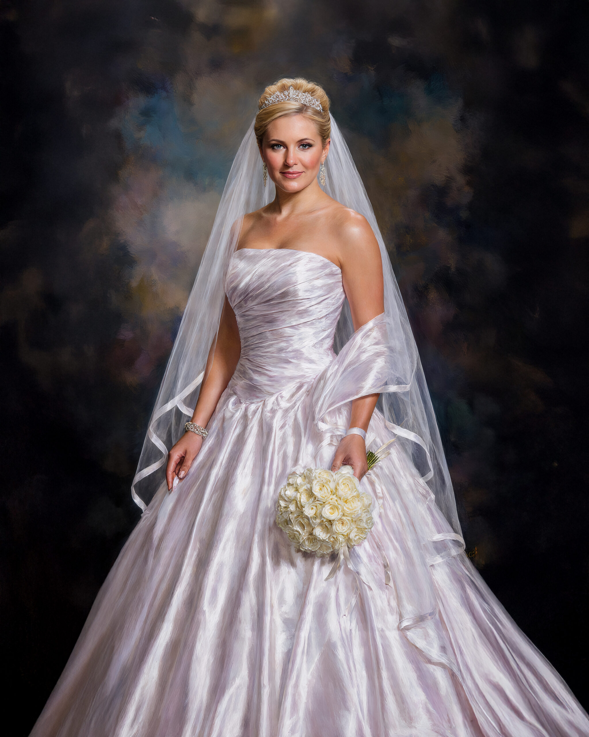 Classic bridal portrait of a blonde bride in a strapless gown holding white roses, painted-style photography by Breanne Cook of Breanne Fine Portraiture in Birmingham, Alabama.