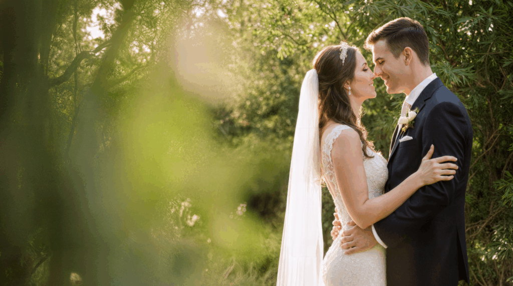Bride and groom outdoor wedding portrait at golden hour, ideal inspiration for a live wedding painter or fine art bridal portrait by Breanne Cook of Breanne Fine Portraiture Birmingham Alabama.