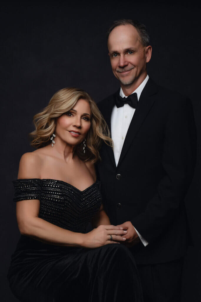 Elegant studio portrait of couple in formal evening attire, Birmingham portrait photographer