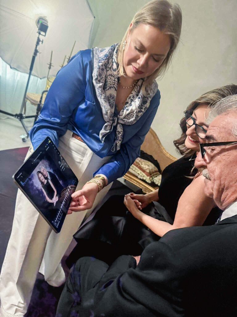 Behind-the-scenes moment during legacy portrait session with Joe and Caryl Knight at Breanne Fine Portraiture.