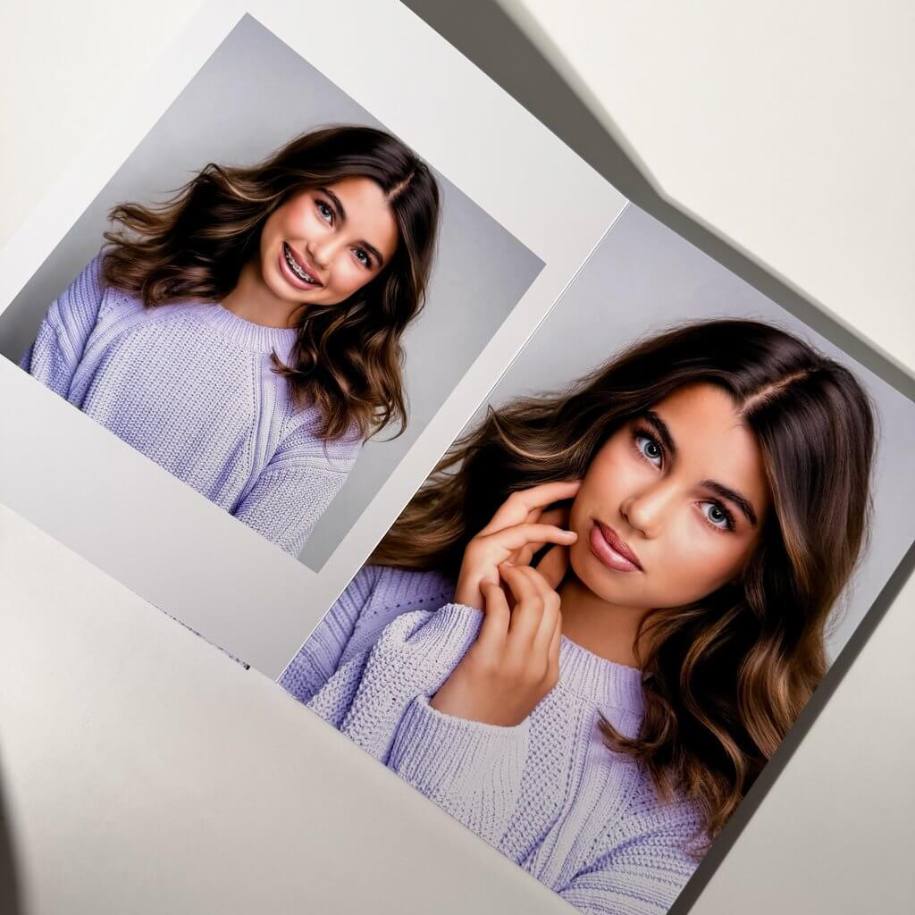 Ireland's custom Atelier Album with a portrait cover, thick pages, and a blue presentation case for her modeling portfolio presentation and personal keepsake from Breanne Fine Portraiture in Birmingham Alabama